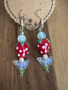 Handmade Strawberry & Iridescent Butterfly Dangle Earrings - Silver